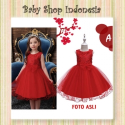 PD646 Gaun Pesta Anak Merah Dress Pesta Anak Import Mengembang Bright Red Pearl A  large