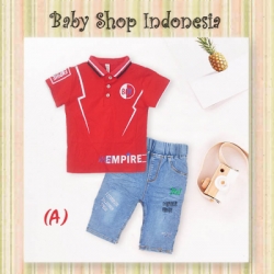 LU604 Setelan Baju Anak Laki laki Kaos Kerah Anak Merah Boy Empire Celana Pendek Jins Anak Cowok  large