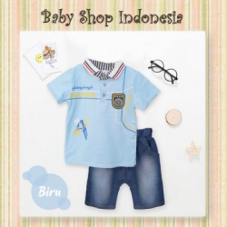 LU631 Setelan Kaos Anak Berkerah Import Circle Celana Pendek Denim Anak Cowok Biru  large