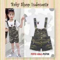 PU571 Set Overall Celana Anak Army dan Kaos Anak Mickey Putih  large