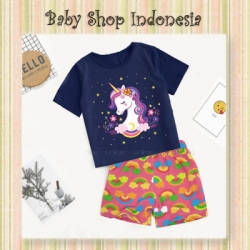 PU587 Setelan Kaos Anak Perempuan Night Navy Unicorn Setelan Baju Rumah Anak Adem Navy Unicorn  large